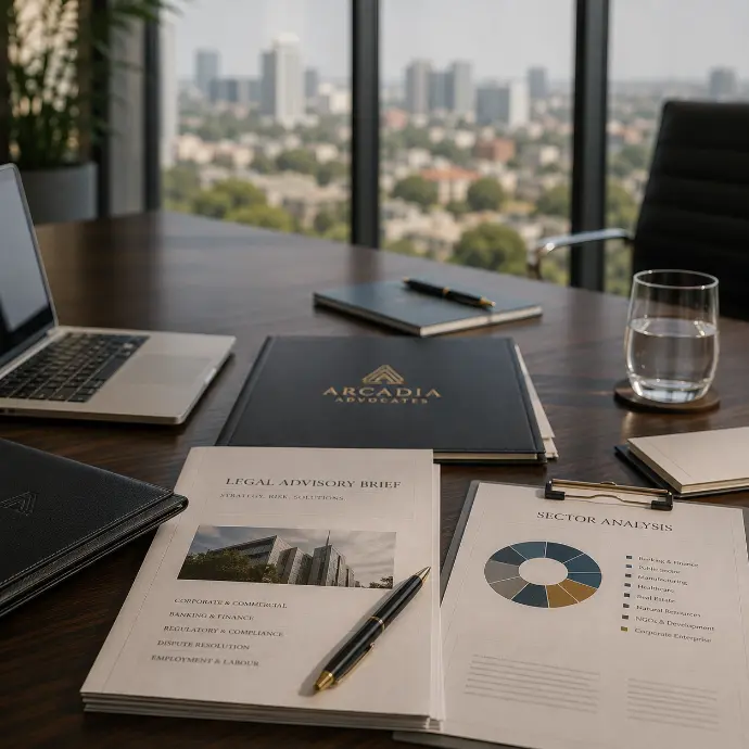 Arcadia Advocates institutional legal advisory setting with commercial documents and sector analysis